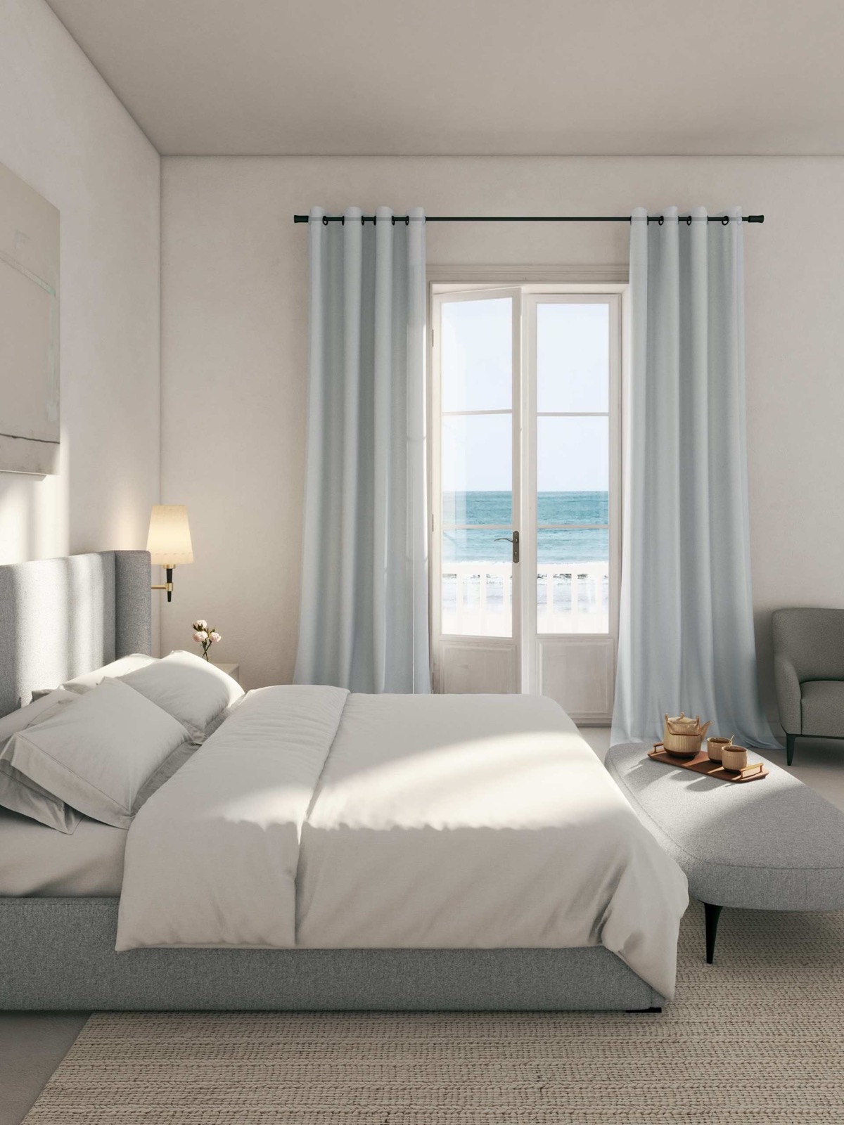 Pale blue curtains in a coastal bedroom