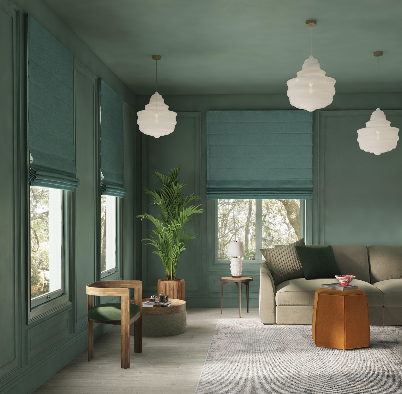 Green Roman blinds made to measure for a Fylde Coast sitting room